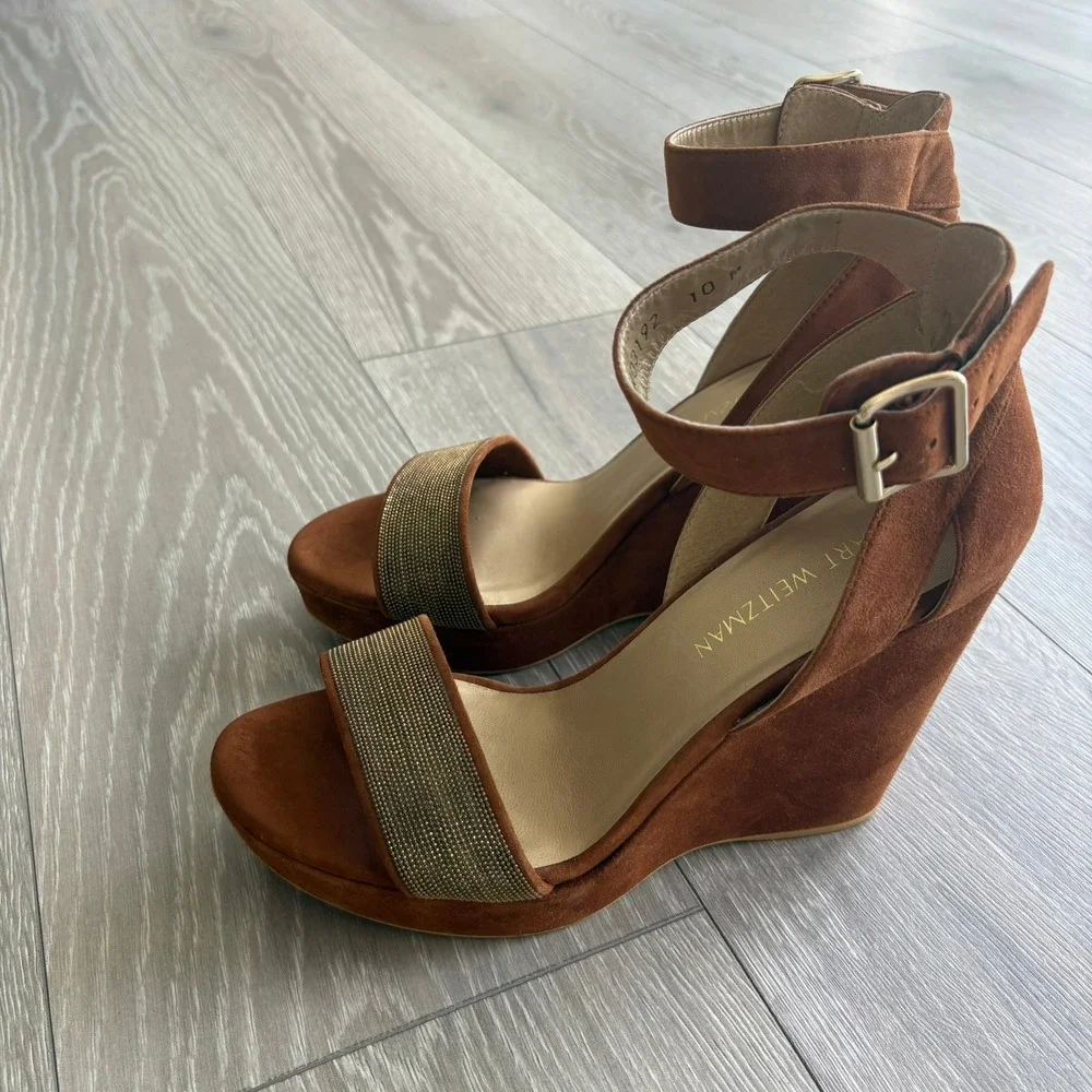 Stuart Weitzman Brown Suede Metallic Bead Wedge Sandals W03192 Womens 10 M